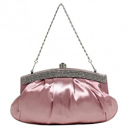 Evening Bag - 12 PCS - Pleated Satin w/ Beads Accent - Pink - BG-E70973PK